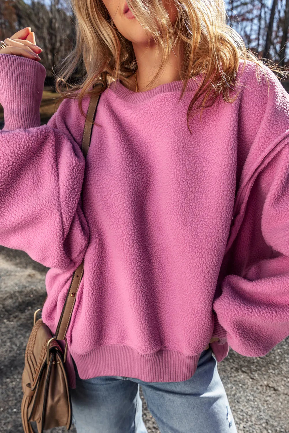 Splicing design irregular loose plush hoodie hem women's top