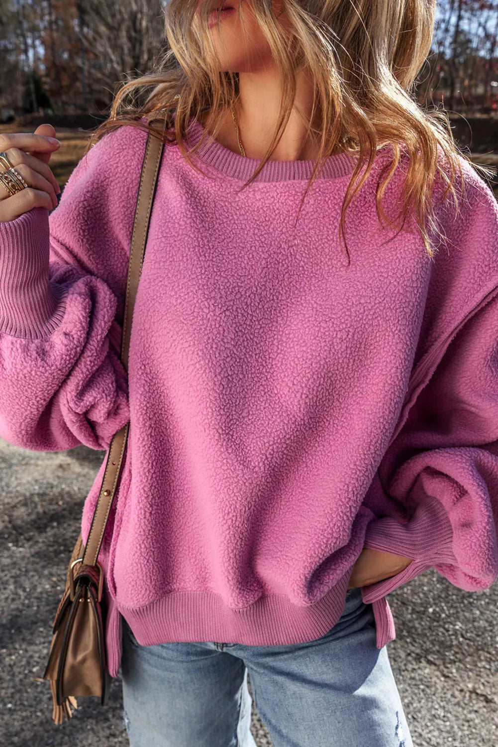 Splicing design irregular loose plush hoodie hem women's top