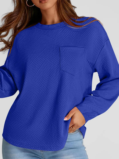Jacquard long sleeved round neck chest pocket sweatshirt